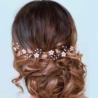 1 pieza Diadema de mujer de aleación de zinc estilo bohemio con hoja de color oro rosa, flor brillante y cadena suave con cuentas de cristal rosa como accesorio para el cabello