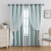 Blackout And Sheer Layered Solid Window Curtain Panel Pair With Grommet Top, 52Wx63L, Orange - Anytime Use - 藍色 - 查看 1