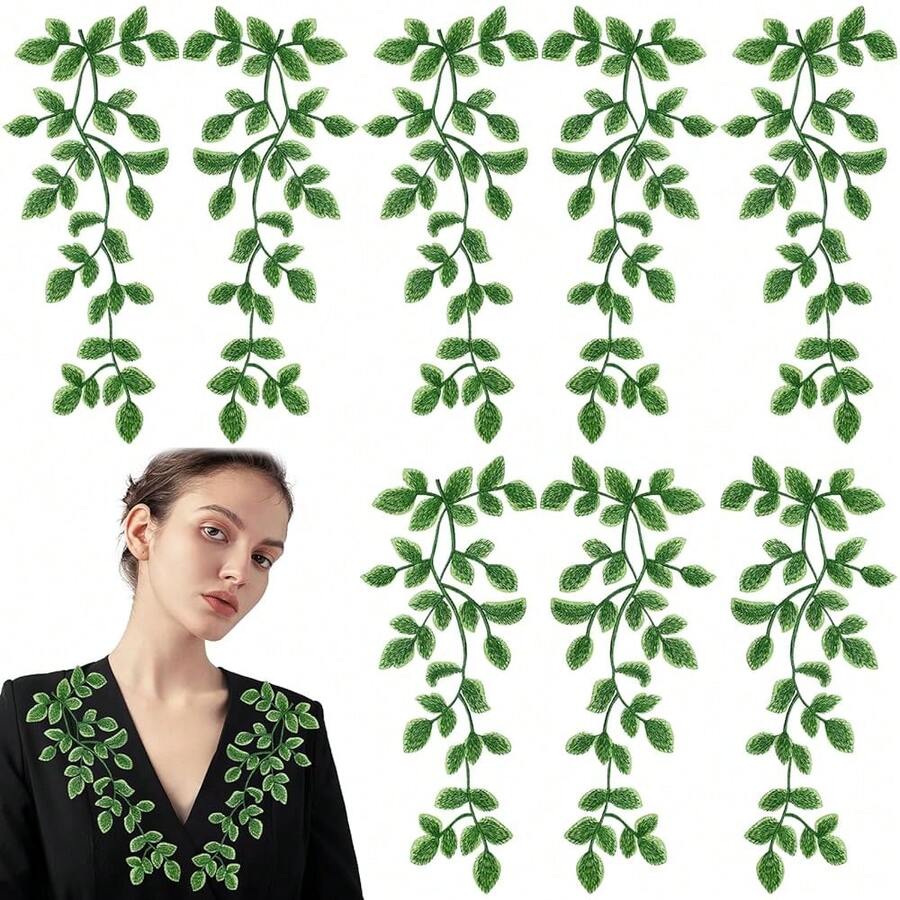 4 Pairs Green Lace Forest Leaves Vine Applique Patches Leaf Sewing Embroidery Applique Bohemian Shoulder Collar Embellishment Decorative Patches For Clothing Bags DIY Accessory Craft - Green - 查看 1