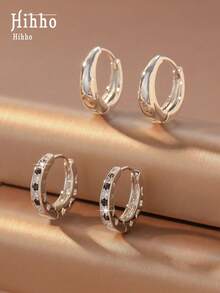 Hihho زوجان من أقراط الحلقة ذات اللون الأسود المتباين، تجمع بين الملمس الناعم البسيط والتفاصيل الأنيقة للماس الأسود، تتميز بالفخامة البسيطة والحادة المخصصة، مناسبة للارتداء اليومي، الإطلالات الكاجوال الأنيقة، هدية عيد الحب - أقراط متراصة - مشاهدة 7
