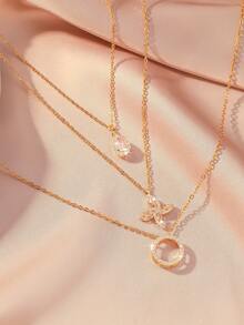 3pcs Set: Zirconia Teardrop + Four-Leaf Flower + Full Zirconia Circle Necklace Set, Delicate Multi-Layer Pendant Necklace, Luxury Gentle Niche Clavicle Chain, Suitable For Daily, Date, Dress Matching, Exquisite Elegant Jewelry Set