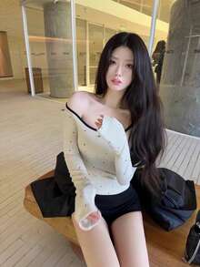 女士蝴蝶结波点收腰修身长袖打底衫 春季 - 杏色 - 查看 6