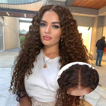 Tóc giả không keo màu nâu sô cô la 6x5, tóc thật, đã tỉa sẵn, đã cắt sẵn, màu nâu số 4, kiểu sóng nhẹ, tóc giả ren phía trước, tóc thật, đã tẩy trắng sẵn, không có nút thắt (20 inch, 6x5, màu nâu số 4)