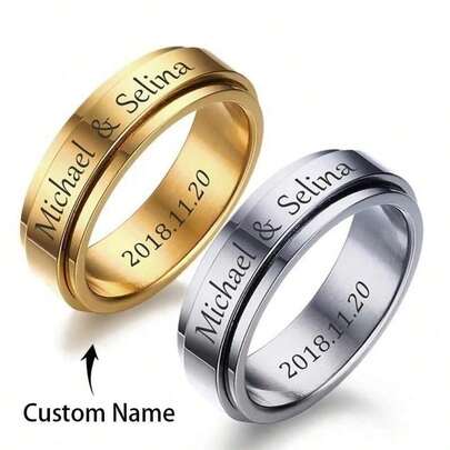 Personalized Engraved Rotatable Ring, Stainless Steel Unisex Customizable Engraved Wedding Band, Silver/Gold Minimalist Casual Cute Customized Unique Suitable For Prom, Party, Jewelry, Back To School, Teacher, Coworker, Dorm, Suitable For Boys, Girls, Teens, Customized Engraved Ring, Vintage Elegant Romantic Silver Fashion New Year Charm