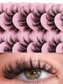 10 对蓬松交叉猫眼假睫毛；黑色强力支撑带；自然纤细的假睫毛；仿貂毛假睫毛；柔软扇形卷翘睫毛。