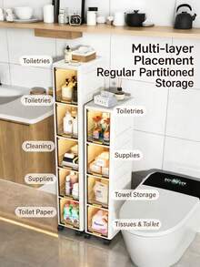 3/4/5/6 Layers Foldable Slim Bathroom Organizers And Storage, Plastic Tall Narrow Storage Cabinet With Movable Wheels, Opening Shelf Organizer For Small Spaces, Bathroom, Kitchen, Laundry - White - View 7