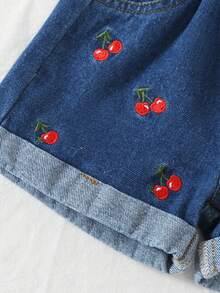 2pcs/Set Cute & Sweet Cherry Embroidery Denim Baby Girl Fashion Outfit - Dark Wash - View 6