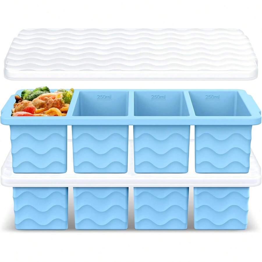 Silicone Freezer Molds For Soup With Lid – 1-Cup Soup Container Style Ice Cube Trays For Freezer, Meal Prep & Storage, Freeze 250mL/125mL Portions – 2 Pack - 淺藍色 - 查看 1