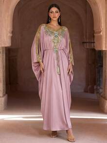 奢华粉色缀饰长袖卡夫坦长袍，优雅中东风格，阿拉伯女士长袍，阿巴雅，端庄优雅