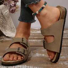 Womens Flats Sandals Adjustable Buckle Slippers Comfort Slides For Women Soft Flat Open Toe Summer Footwear Shoes - 駝色 - 查看 9