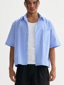 Men's Boxy Oversized Striped Button Up Shirt - 藍色 - 查看 9