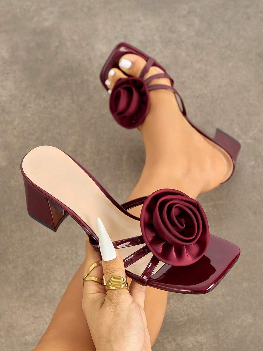 Women's Burgundy Satin Jacquard 3D Rose Square Toe Block Heel Mule Sandals For Party, Wedding, Evening Date, Vacation - Burgundy - View 1