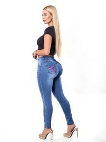 Y2K High-Waisted Slim Fit Jeans With Embroidered Bow & Metal Decor Details, Highlighting Feminine Charm, Versatile For All Seasons Casual - Medium Blue - View 7