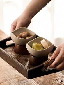 1pc Ceramic Wood Bottom Plate, Asymmetrical Ceramic Bowl, Rough Ceramic Plate, Nut Bowl, Snack Tray, Date Plate, Suitable For Home, Guest Reception, Restaurant, Party