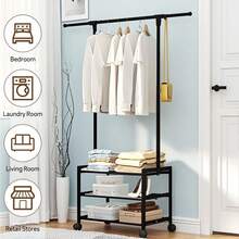 Coat Rack With Storage Shelf, Black Metal Clothes Rack, Freestanding Garment Rack Trolley Rolling Cart On Wheels, For Entryway, Bedroom, Office, Coats, Hats, Jackets, Bags - 黑色 - 查看 4