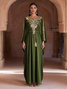 Luxury Pink Embellished Long Sleeve Kaftan Robe, Elegant Middle Eastern Style, Arabic Women Long Robe, Abaya, Modest And Graceful - Army Green - View 9