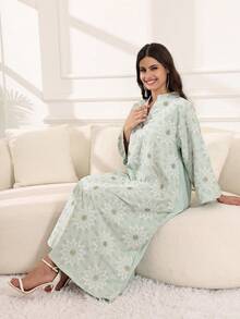 2026新款优雅花卉刺绣阿巴雅长袍，斋月传统阿拉伯女装，宽松立领宽袖 - 綠色 - 查看 10