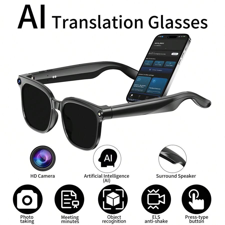 AI Smart Glasses With Camera & AI Assistant (ChatGPT/Doubao) - Real-Time Translation & Object Recognition Glasses, 8MP 4K Recording, /WiFi, TR90 Ultra-Light Design, 8Hrs Battery, Compatible With IOS/Android For For Men/Women, Gift - Black - View 1
