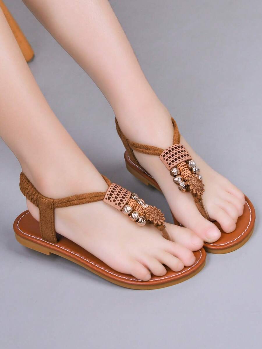 1双女童平底凉鞋，2026新款波西米亚风简约人字拖，速干沙滩凉鞋，适合日常和上学穿着 - 棕色 - 查看 1