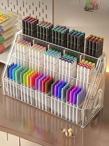 1个大容量水彩笔筒 - 亚克力分隔笔托盘 - 桌面绘画收纳架 - 马克笔收纳盒 - 开学季桌面整理盒 - 彩色 - 查看 3