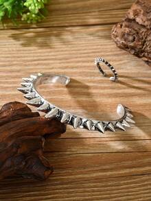 两件套欧美个性化几何设计铆钉开口情侣手镯戒指套装 - 彩色 - 查看 5