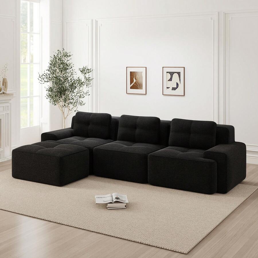 Living Room Sofa Made Of Corduroy, Boneless L-Shaped Sofa With Deep Seat, 3-Seater Modular Sofa With Ottoman, Corner Sofa For Living Rooms And Apartments, Assembly Not Included - 黑色 - 查看 1