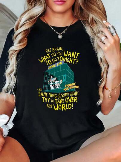 Camiseta 100% algodón "Gee Brain, ¿qué quieres hacer esta noche?" Laboratorio Acme La misma cosa que hacemos todas las noches, intentar conquistar el mundo Cuello redondo, manga corta, moda urbana, transpirable, suave, unisex