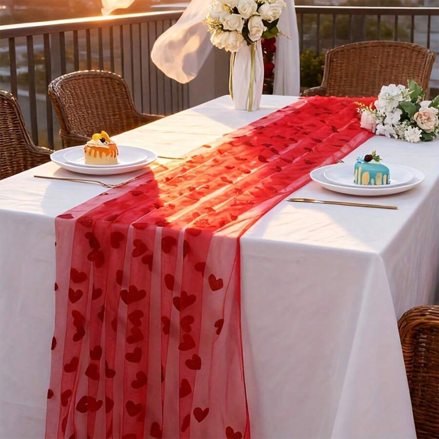 1件红色爱心网纱桌旗,适用于新娘送礼会、婚礼、生日、餐桌装饰、周年纪念派对装饰用品 - 彩色 - 查看 1