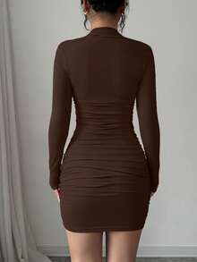 abyoxi 优雅性感甜心领长袖褶皱修身迷你派对连衣裙，适合约会、浪漫、时尚、情人节、性感场合，春季新款女装 - 咖啡棕 - 查看 2