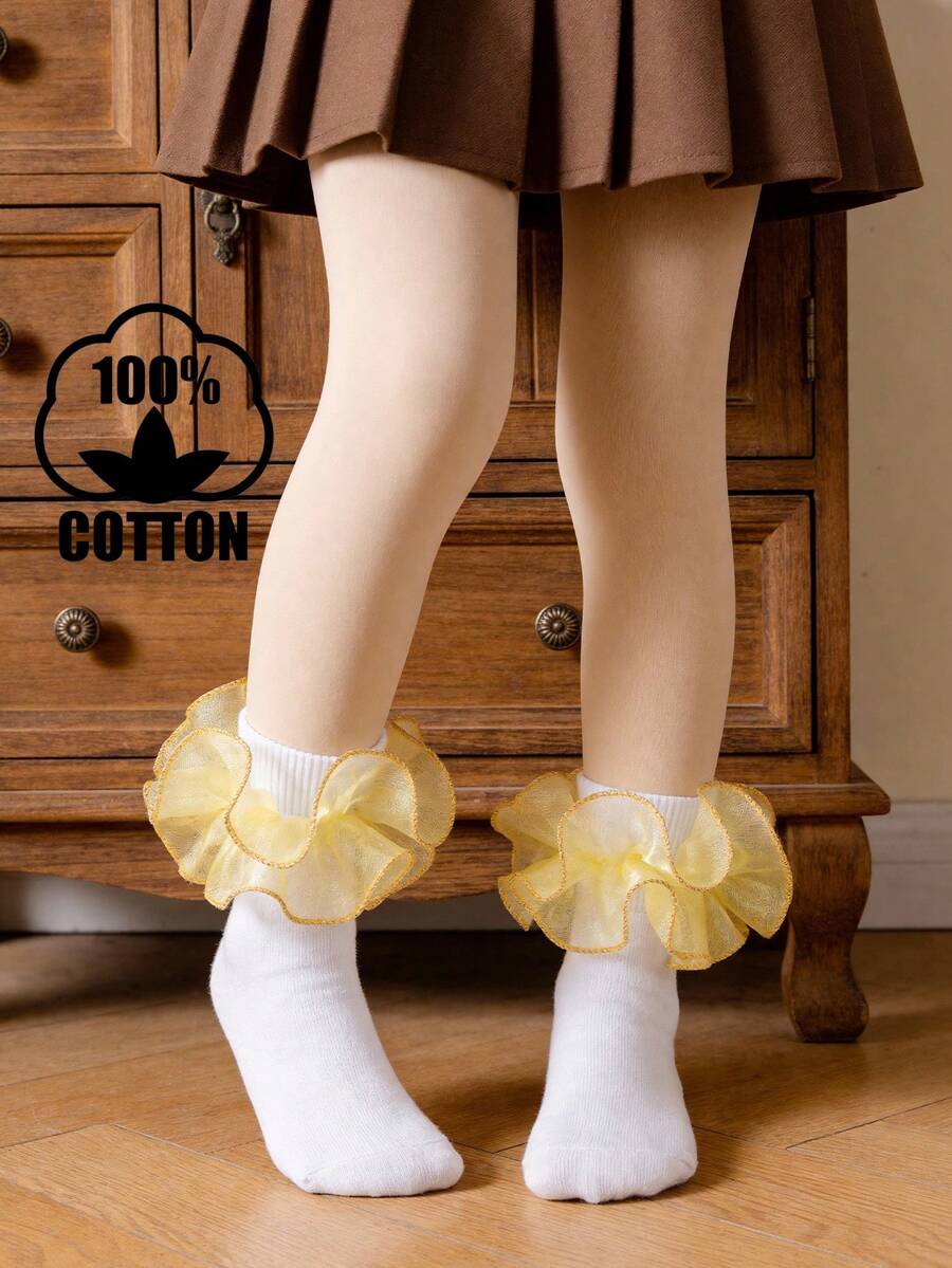 1 Pair Cotton Girls' Large Floral Lace Dance Socks, Elegant Princess Style Short Socks For Party Outfit
