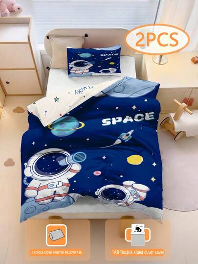 2 piezas Juego de ropa de cama con tema de astronauta de la marina, 100% tela de poliéster, impresión de dibujos animados a doble cara, adecuado para niños y niñas (1 funda de almohada de una sola cara + 1 funda de edredón de doble cara, sin relleno), adecuado para regalos, habitaciones infantiles y dormitorios estudiantiles. Tamaño de la funda de edredón: 90*200/135*200cm, Tamaño de la funda de almohada: 50*75cm.