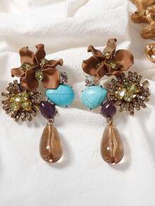 1 Pair Retro Exaggerated Versatile Resin Flower & Water Drop Long Dangle Earrings, Statement Piece - Waterdrop Resin Earrings - View 8