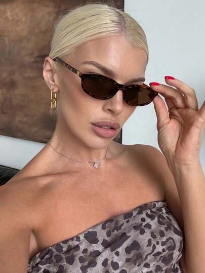 1 Pair Women's Oval Small Frame Metal Leg Decorated Fashion Street Style Glasses, Suitable For Summer Beach Vacation, Outdoor Travel, Leopard Tortoiseshell Bohemian Style Oval Frame, Suitable For Vacation, Beach, Travel, Back To School Essential