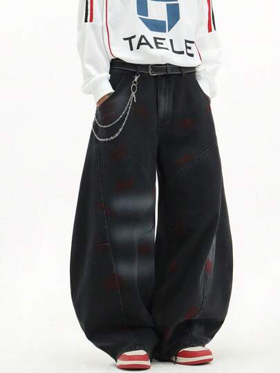 1pc Justice Brother Unique Hand-Painted Streetwear Brand Black Denim Jeans, Loose Fit, Comfortable, Versatile Wide Leg Pants, All Season (Belt And Accessories Not Included)
