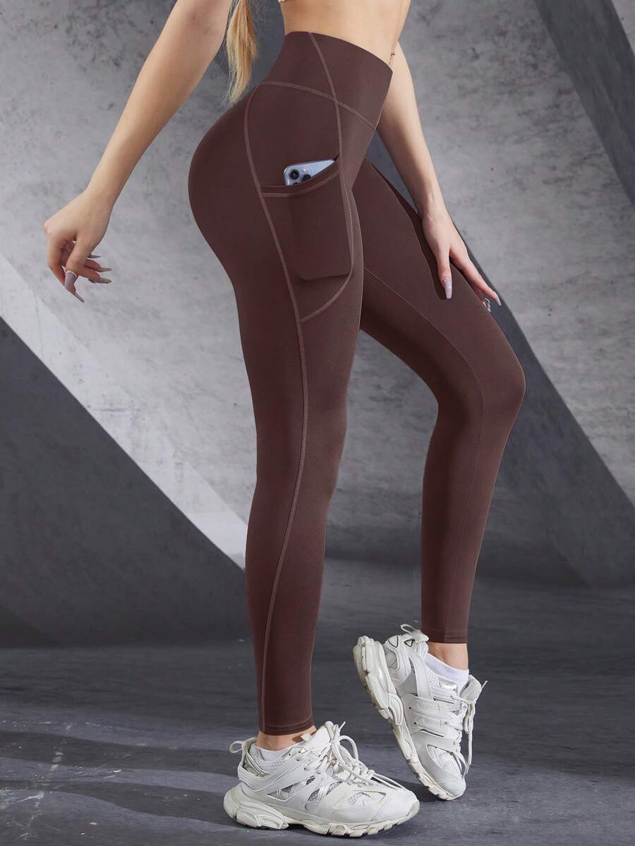 1pc 9-Pocket Patchwork Yoga Pants, Suitable For Fitness, Yoga, Outdoor Sports, And Walking Spring - Brown - View 1