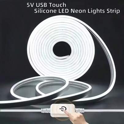 1pc 5V USB Neon LED Light Strip - Dimmable Flexible Neon Lamp, Length Options 1m-5m, Warm White/Cool White, Touch Switch, USB Powered (No Battery Required), Easy Indoor Installation, Suitable For Vanity Mirror/Bedroom/TV Wall/Ceiling