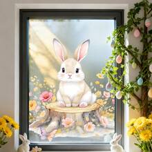 1pc Easter Static Window Cling Happy Bunny With Flowers Eggs And Hearts Pattern Glass Decoration Sticker Electrostatic No Glue Removable Waterproof PVC Double Sided Visual Decal For Living Room Kitchen Shop Window Spring Holiday Farmhouse Home Decor Adults - Multicolor - View 8