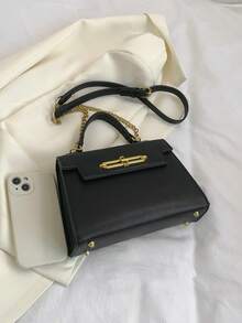 Fashionable Minimalist High-Quality Handheld Box-Shaped Flap Cover Small Square Bag With Metal Buckle, Snap Closure, Chain Strap, Suitable For Daily Outing And Commuting, Women Small Purse - Black - View 7