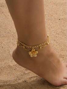1pc Boho Style Tassel & Golden Flower Pendant Multi-Layer Anklet (Women's, No Gift Box) - Gold - View 1