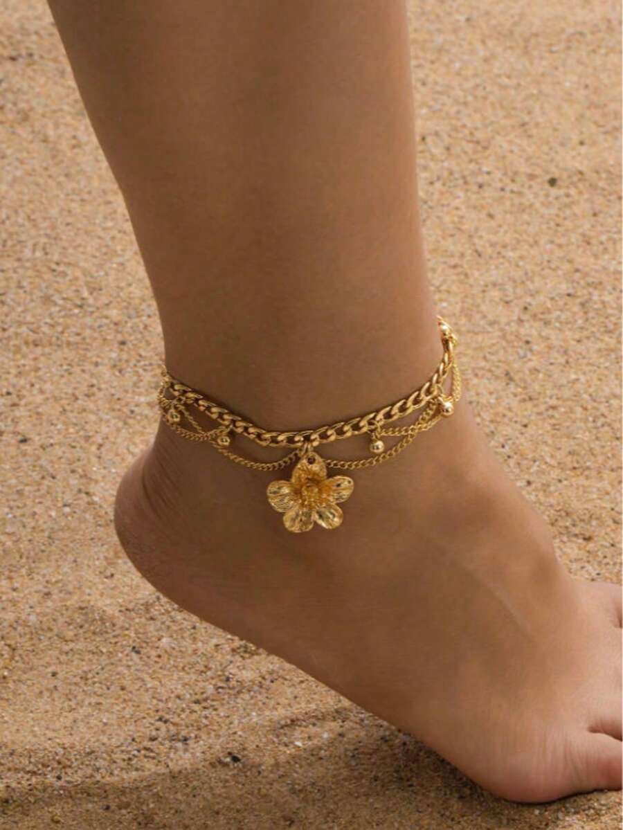 1pc Boho Style Tassel & Golden Flower Pendant Multi-Layer Anklet (Women's, No Gift Box) - Gold - View 1