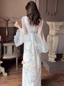 Vestido Largo Femenino Estilo Occidental 2026 para Primavera, Diseño Elegante con Encanto Único, Manga Larga, Entallado y Cómodo - Blanco - Ver 2