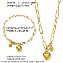 VceTd 1 Set Elegant Minimalist Style Paperclip Chain Necklace And Bracelet With Heart Shaped Pendant, Stainless Steel Jewelry Set Suitable For Women To Wear To Banquets Or Daily Fashion Outfits, Also Great As Valentine's Day Gift For Her,Mom,Mother,Mother's Day,Gift