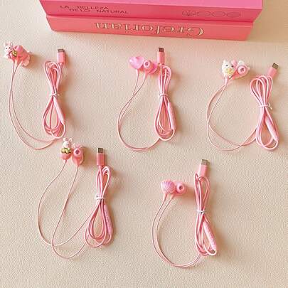5款全新粉色数码智能耳机可选，完全兼容Type-C接口，可选全入耳式DIY可爱配件（粉色爱心/粉色贝壳/草莓兔等），有线耳机，带音量调节功能、内置麦克风、高清通话手机耳机、音乐耳机。
