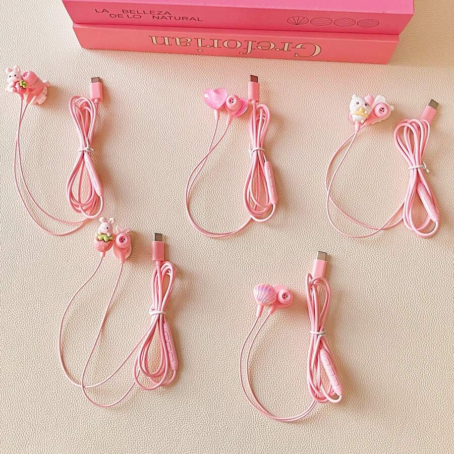 5款全新粉色数码智能耳机可选，完全兼容Type-C接口，可选全入耳式DIY可爱配件（粉色爱心/粉色贝壳/草莓兔等），有线耳机，带音量调节功能、内置麦克风、高清通话手机耳机、音乐耳机。