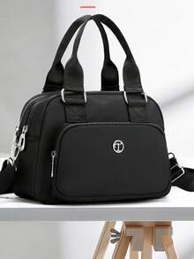 女士时尚牛津布手提包，大容量尼龙单肩包，斜挎包 - 黑色 - 查看 3