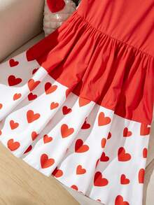 1pc Fashionable & Cute Heart Pattern Dress, Contrast Color Design, Bow Decor, Soft & Comfortable, Suitable For Vacation, Outdoor Activities, School, Vacation, Party, Valentine's Day Gift, Any Occasion, Summer - Red - View 10