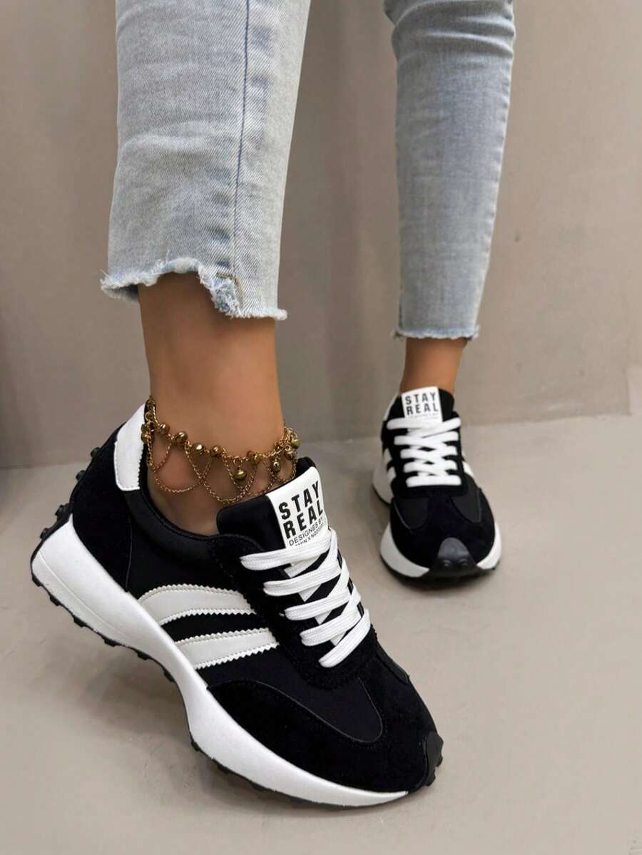 Women's Casual Sneakers, 2026 Spring/Autumn New Shoes Thick Sole Casual Lace-Up Shoes - Black - View 1