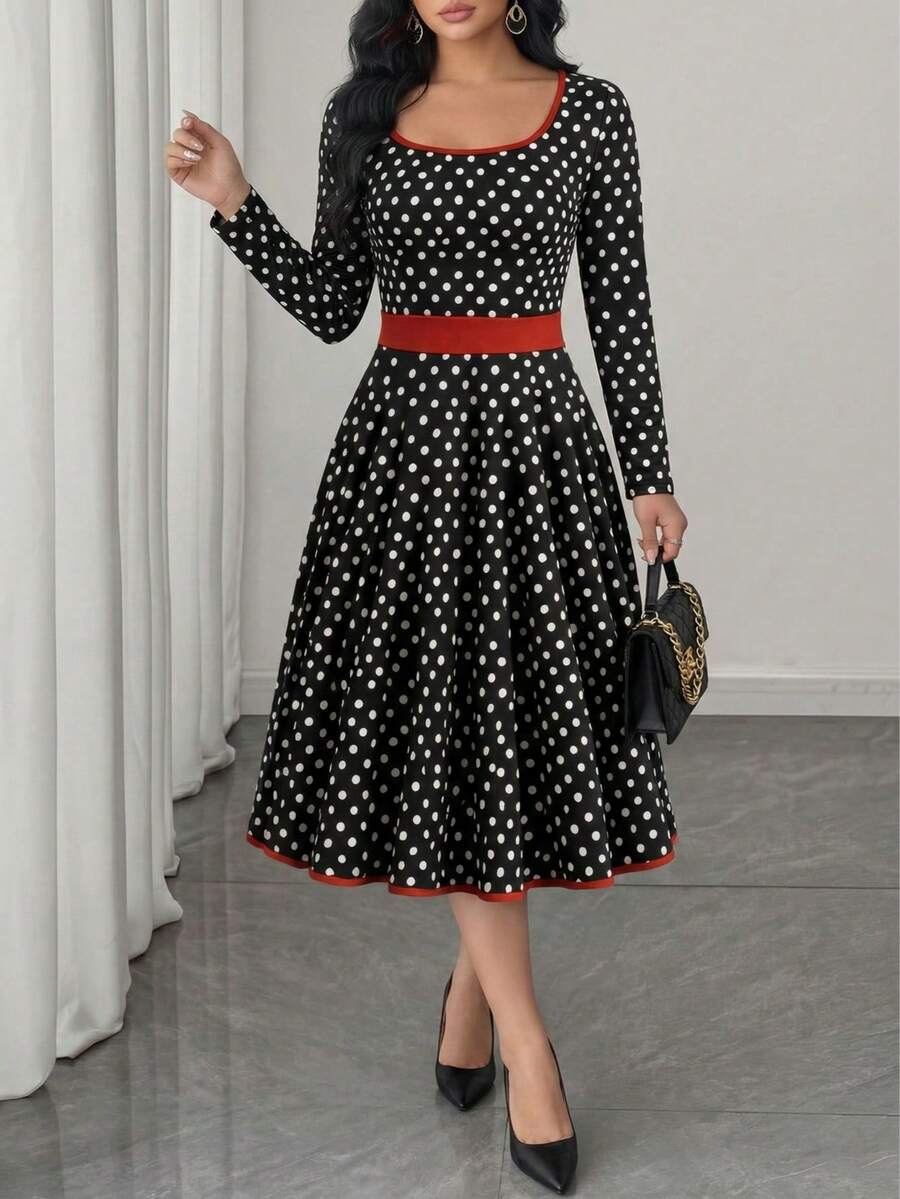 Elegant Waist Cinched Polka Dot Colorblock Square Neck A-Line Long Sleeve Dress, Versatile For Dating, Commuting, Daily Wear In Spring, Autumn, Winter - Black - View 1