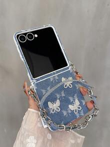 Women's Foldable Phone Case With Side Metal Buckle, Denim, 3 Rhinestones, Butterfly, Wrist Strap, Protective Cover, Fashionable Design, Suitable For Samsung Galaxy Z Flip7, Galaxy Z Flip7 FE, Galaxy Z Flip6, Galaxy Z Flip5 - Multicolor - View 13