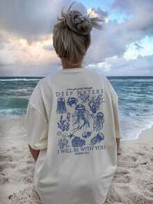 Women's Summer T-Shirt With Marine Life Print, Casual Holiday Style, Versatile, Round Neck, Short Sleeves, Fashionable Summer Colors - 白色 - 查看 2